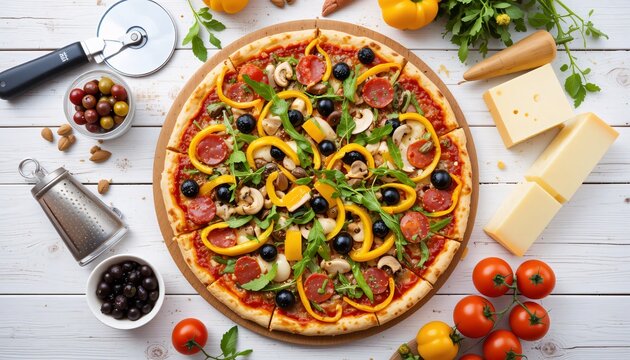 Delicious Homemade Pizza. Fresh Ingredients Abound. Golden Crust. Bell Peppers, Olives, And Pepperoni Toppings. Vibrant Arugula. A Culinary Delight. Perfect Food Blog Image. Recipe Book Ready.