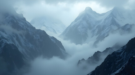 Dramatic Foggy Mountain Landscape Misty Peaks and Valley View