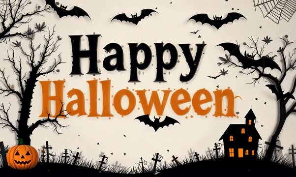 Happy Halloween Text with Pumpkin, Bat, Tree, House and Spider Background. 4k