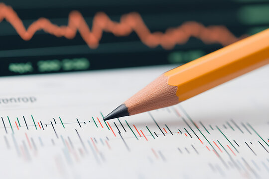 Analyzing market trends: A pencil points to a candlestick chart, with a line graph in the background, suggesting financial analysis and decision-making.