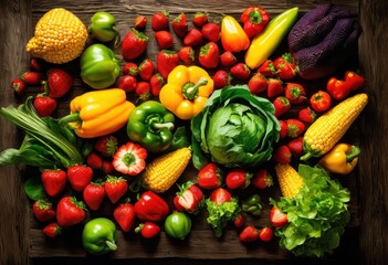 colorful flatlay fresh fruits vegetables arranged vibrant display eye catching visual composition, arrangement, nature, design, healthy, organic, produce