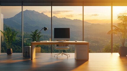 Modern Office with Mountain View at Sunset