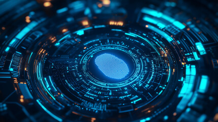Obraz premium Futuristic Digital Cyber Interface Blue Orange Circuit Network Innovation Machine Smart Design Engineering Technology