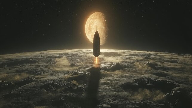 A futuristic spacecraft launches from the Moon toward a glowing planet in the distance. Generative AI