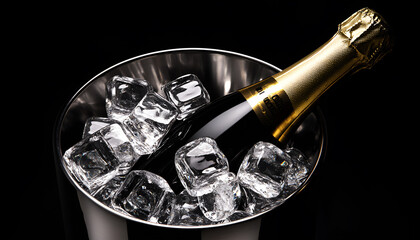 Bottle of sparkling wine in cooler bucket on black mirror surface, above view. Space for text