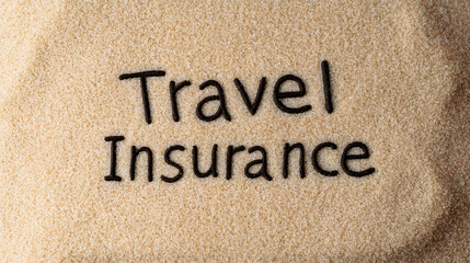 Fototapeta premium Travel insurance message written on sand. Security concept for trips. Insurance for traveling. Text on grainy background. Emergency coverage.
