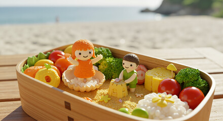 A charming 3D-rendered bento box with cute food figures—a girl in an orange dress and a boy—playing in a beach-themed setting, surrounded by sushi, vegetables, and decorative treats