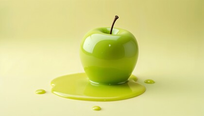 Vibrant green apple resting on a matching surface with drips of liquid surrounding it.