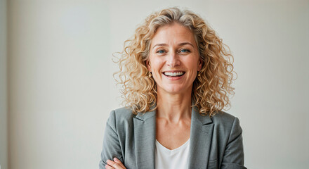 Smiling businesswoman with curly blonde hair, wearing a professional gray blazer and white top, standing against a light background. Confident pose with arms crossed over chest.