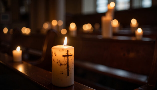 Old candle with ash cross glowing in dark church, sacred symbolism