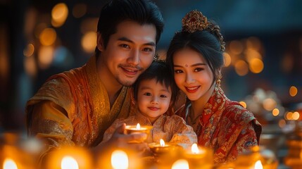 Traditional Buddhist Family Lighting Lanterns During Vesak Celebration. Generative AI