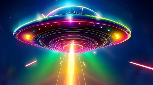 A UFO spaceship flying with rainbow lights all around it.