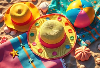 colorful array vibrant beach essentials artfully arranged multicolored sand background, towel, sandal, sunblock, hat, shell, umbrella, sunglasses, bag