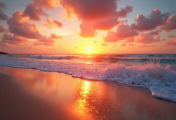 Fototapeta premium vibrant beachfront sunset capturing calm waves crashing shore beautiful coastal scene, ocean, horizon, sky, coastline, colors, reflection, clouds, sunlight