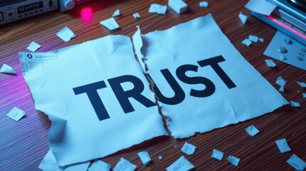 Torn paper with the word "TRUST" symbolizing broken confidence, uncertainty, and relationship issues.