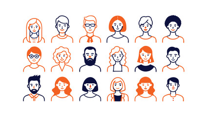 Fototapeta premium A collection of minimalist, flat design profile icons depicting diverse people with varying hairstyles, hair colors, and facial features. Simple line art style.
