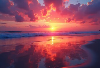 Fototapeta premium stunning vibrant beach sunset glowing over tranquil waves captivating reflections vibrant sky, coast, clouds, water, shore, evening, light, landscape, ocean