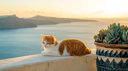 Orange and white cat resting on a wall, overlooking a scenic seascape at sunset. Tranquil scene evokes peace, serenity, and the beauty of nature