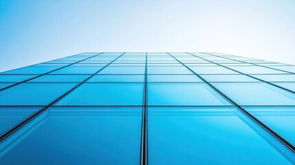Obraz premium Glass Facade of Modern Building Under Clear Blue Sky Perspective