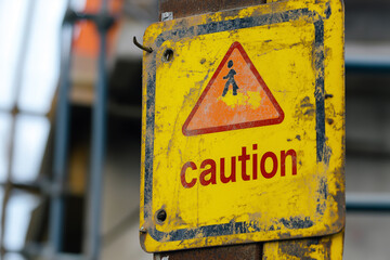 A yellow caution sign is placed at the entry of a construction site, ensuring safety precautions and restricting public access to prevent hazards at the workplace.
