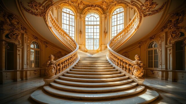 Ornate golden double staircase in grand hall with large windows