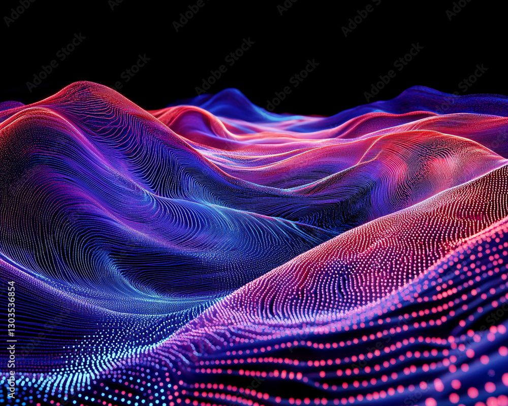 Poster abstract image of vibrant purple and pink flowing lines and dots on a black background, creating a d