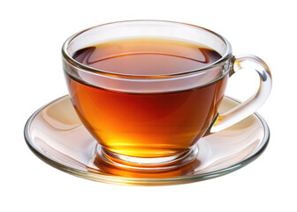 Glass cup of hot tea on saucer, A transparent glass cup filled with hot tea, placed on a matching glass saucer, isolated on a white background, symbolizing warmth and elegance.  


