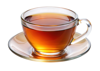 Glass cup of hot tea on saucer, A transparent glass cup filled with hot tea, placed on a matching glass saucer, isolated on a white background, symbolizing warmth and elegance.  

