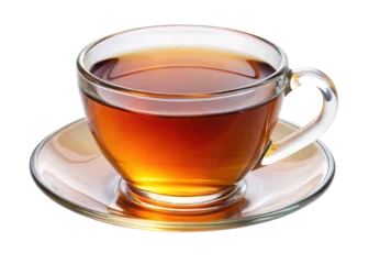 Fototapeten Glass cup of hot tea on saucer, A transparent glass cup filled with hot tea, placed on a matching glass saucer, isolated on a white background, symbolizing warmth and elegance.     © Md