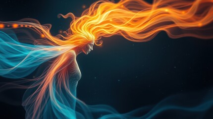 Fototapeta premium Mystical figure with flowing hair of fire and ice against a dark starry backdrop. Ethereal beauty.