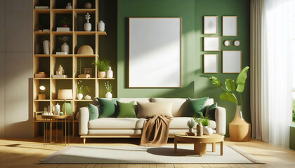 A serene living area with a blank poster frame, cozy textures, and natural light.
