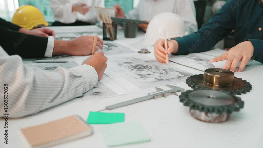 Aufkleber a vibrant scene of engineers working together to create mechanical designs. they analyze sketches, d