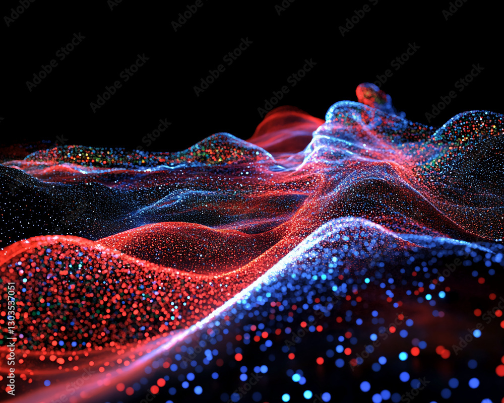 Poster abstract image of red and blue particles forming wavy texture on black background, showcasing dynami
