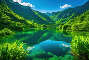 Fototapeta premium breathtaking scenic landscapes showcasing vibrant unspoiled natural wonders lush green crystal clear expansive blue skies, mountain, river, lake