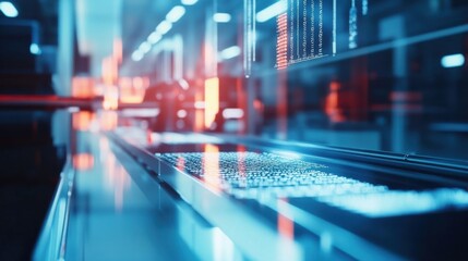 High-Tech Data Center Interior with Neon Lights and Digital Screens