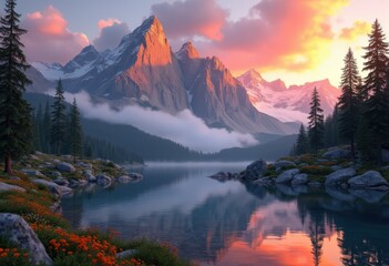 breathtaking mountain landscape sunset vibrant hues lighting sky reflecting terrain, horizon, nature, cloud, dusk, silhouette, color, reflection, peak