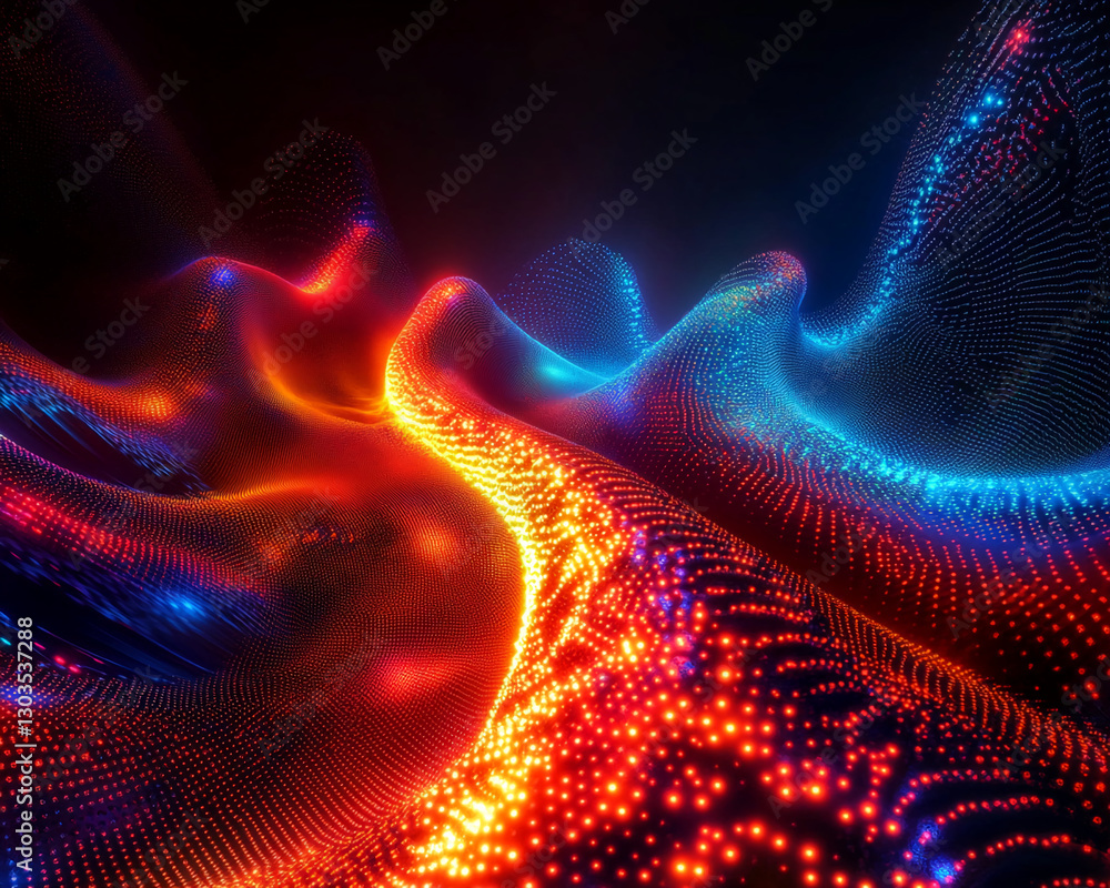 Poster abstract image of red and blue glowing particles forming wavy landscape, representing energy, techno