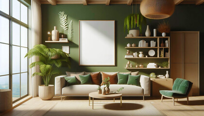 A serene living area with a blank poster frame, cozy textures, and natural light.
