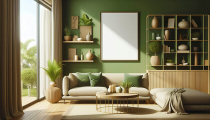 Elegant decor meets a blank framed poster in a refreshing green living space.