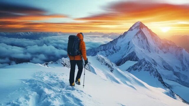 Active hiker hiking, enjoying the view at mount landscape 