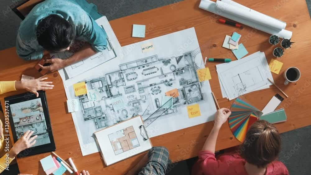 Poster top down aerial view of smart engineer looking at blueprint at meeting room. skilled architect team 