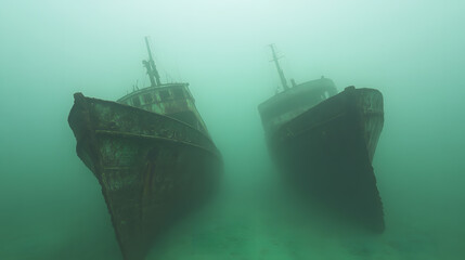 Fototapeta premium Sunken ships rest on the ocean floor, their silhouettes blurred by the deep green sea. A ghostly scene of decay and mystery, captured in the depths.