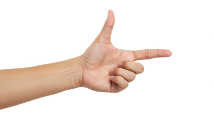 A fair skinned hand makes a precise pinching gesture with the thumb and index finger isolated on transparent background