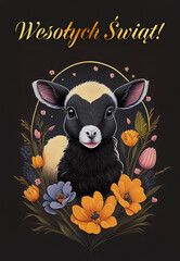 Easter holiday card concepts with portraits of a lamb,  in spring flowers