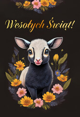 Easter holiday card concepts with portraits of a lamb,  in spring flowers