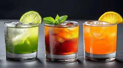 Fototapeta premium Three Colorful Cocktails Garnished with Citrus and Mint on Dark Background