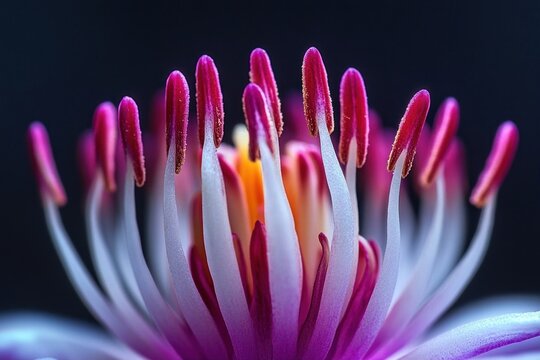 It's a close-up of a flower's stamen and pistil in vivid pink and white, set against a dark background