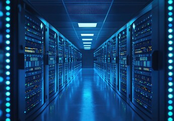 Fototapeta premium High-tech data center with glowing blue server racks in a secure digital environment. Ideal for cloud computing, cybersecurity, and network infrastructure concepts