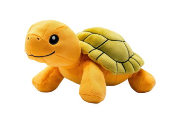 A cheerful yellow turtle plush enjoys a playful moment against a clean white backdrop isolated on transparent background