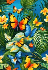 Fototapeta premium colorful tropical flora fauna vibrant beachscape lush greenery turquoise waters under bright blue sky, sand, ocean, waves, shore, palm, tree, island, sunset